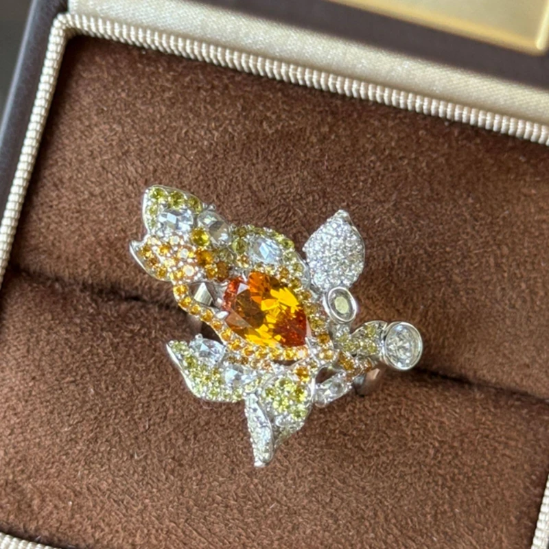 KQDANCE Hand Craft New 925 Sterling Silver Lab Citrine Orange Sapphire Leaf Style Cocktail Rings Woman Luxury Party Fine Jewelry