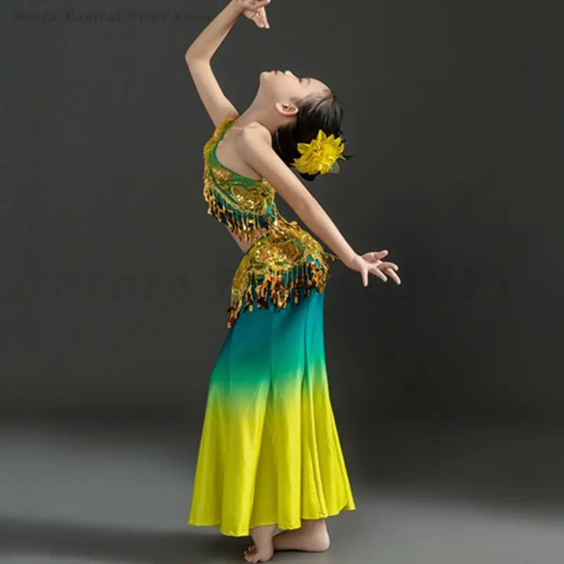 Traje de dança étnica dai infantil, saias de dança de pavão minoritária para meninas, estilo nacional tradicional, roupas de performance