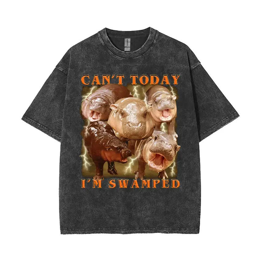 Moo Deng Can't Today I'm Swamped Vintage Washed T Shirt Cute Baby Hippo Funny Meme T-shirt Men Women Casual Loose Oversized Tees