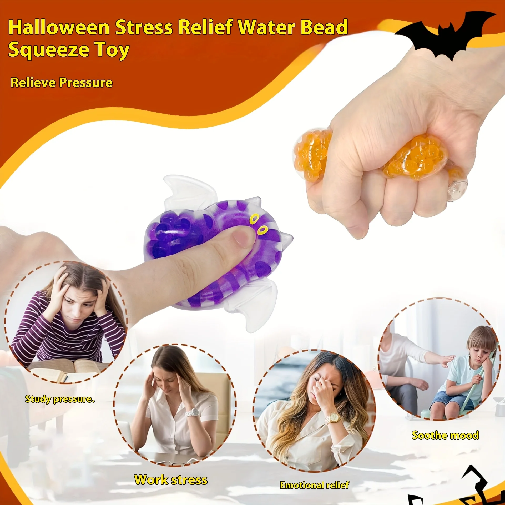 15Pcs Random Color Novelty Halloween Beads Balls Squeeze Toys Ghost Bat Pumpkin Stress Relief Creative Decompression Toys Holiday Gift