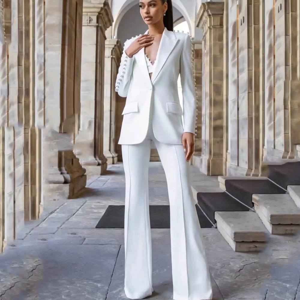 Unique Stunning Runway Design Pearl Beaded White Blazer Suit 2Pcs Flare Pants Sets Women Fashion Clothing