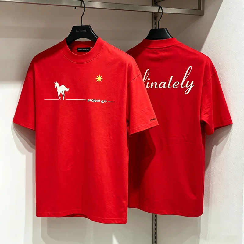 Black Red PROJECT Warhorse Print T Shirt Summer Men Women High Quality High Street Loose Short Sleeve T-shirts Tops Tee
