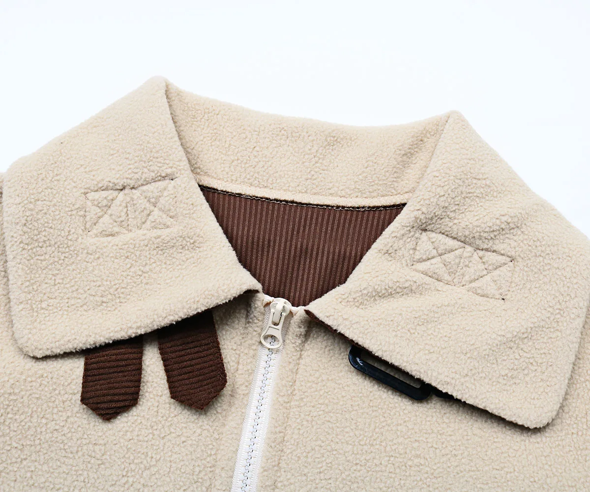 Jaket Wanita Warna Cokelat Beige dengan Blok Warna, Kerah Tinggi, Ritsleting, Saku Korduroi, Musim Gugur Musim Dingin, Kasual, Fashion, Slim Fit