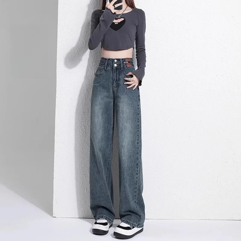 High Waist Fleece Lined Straight Leg Jeans Women's Double Buckle Long Bootcut Trousers Slimming Wide Leg Pants Autumn Winter
