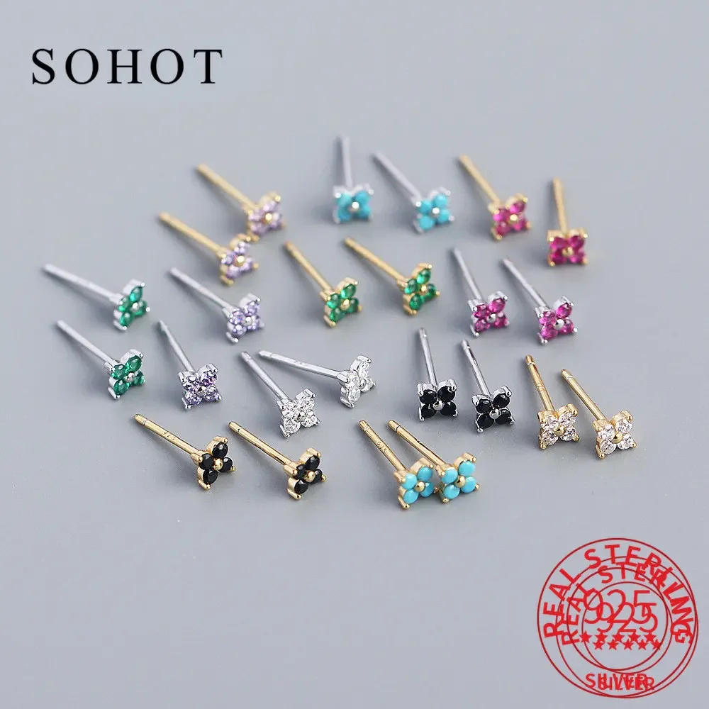

Real 925 Sterling Silver Colorful Zircon Clover Stud Earrings For Fashion Women Party Fine Jewelry Cute Accessories Gift
