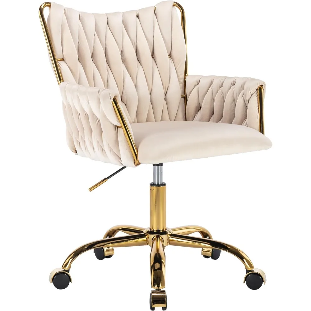 

Modern Velvet Home Office Desk Chair with Hand Woven Backrest, Upholstered Adjustable Makeup Vanity Chair with Armrest and G