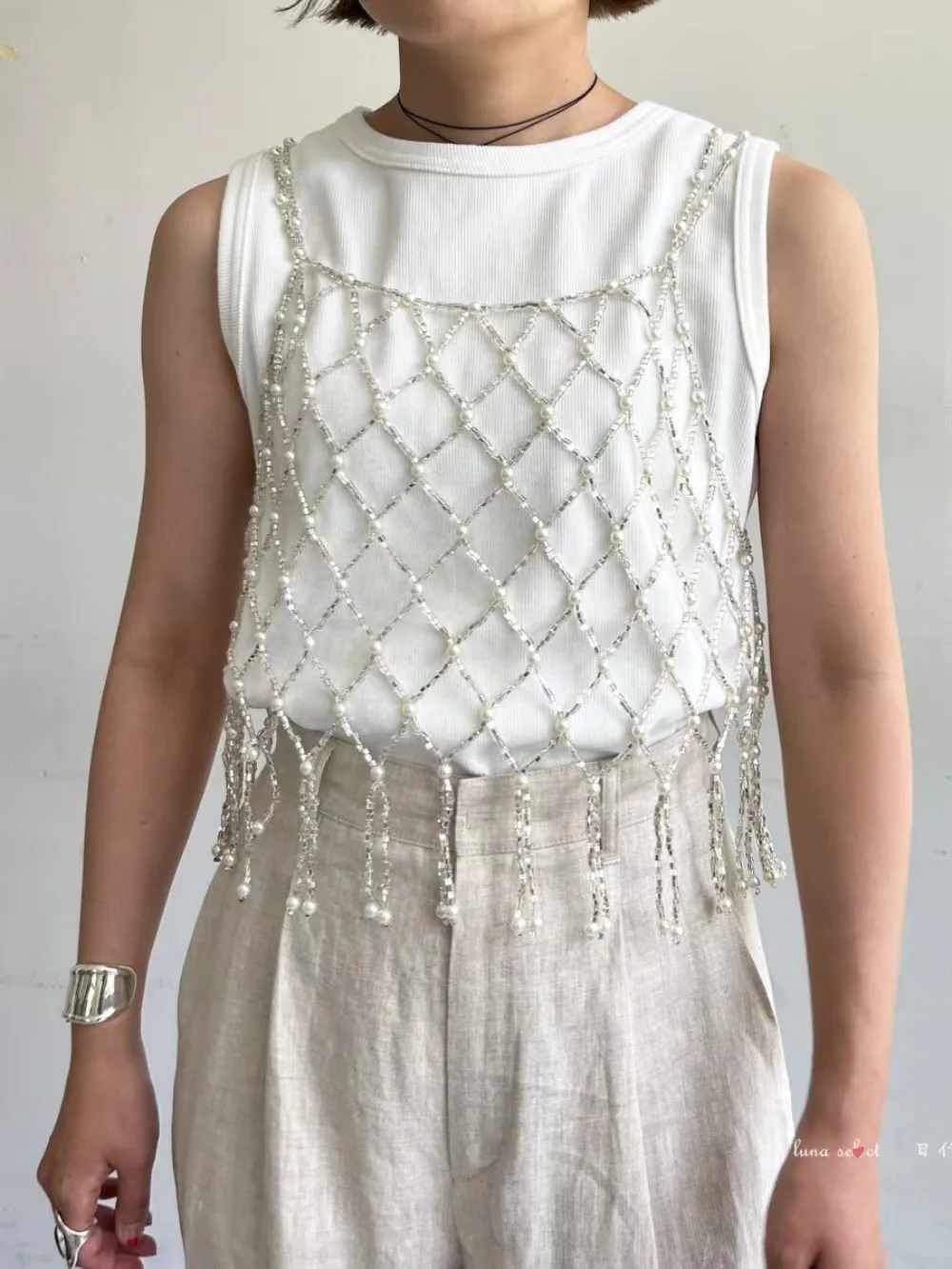 Pearl Beading Tops Women Handmade Pearls Vests Top Ladies Party Female Elegant Beaded Vest Tops