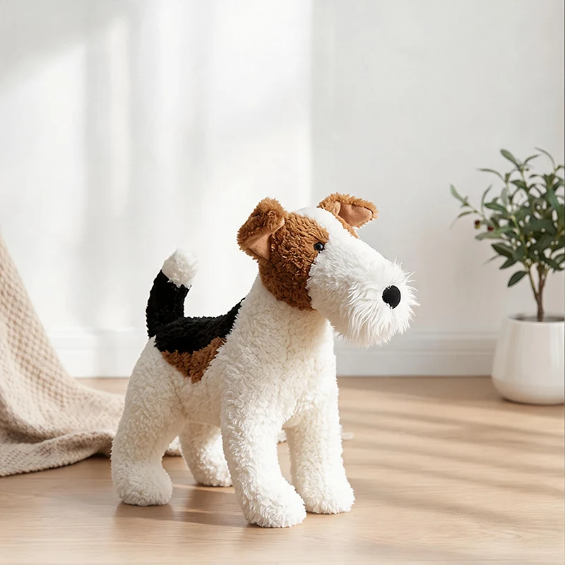 Realistic Wire Fox Terrier Plush Toy Soft Fluffy Stuffed Dog Doll Tri-color Standing Puppy Animal Plushie