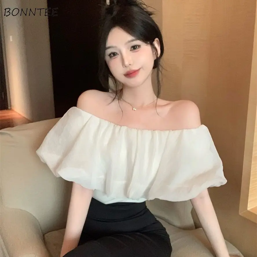 French Style Blouses Women Ruched Ruffles Slash Neck Slim Solid Elegant Ladies Hot Sweet Summmer Personality Stylish Fairycore