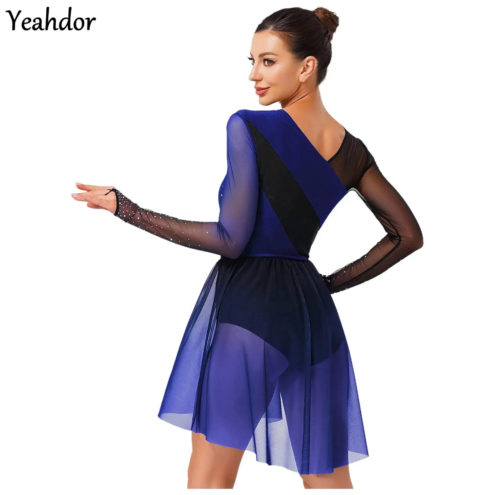 

Women Gymnastics Figure Skating Leotard Dress Rhinestones Sheer Mesh Overlay Dress Modern Lyrical Ballet Dance Dress Jumpsuit