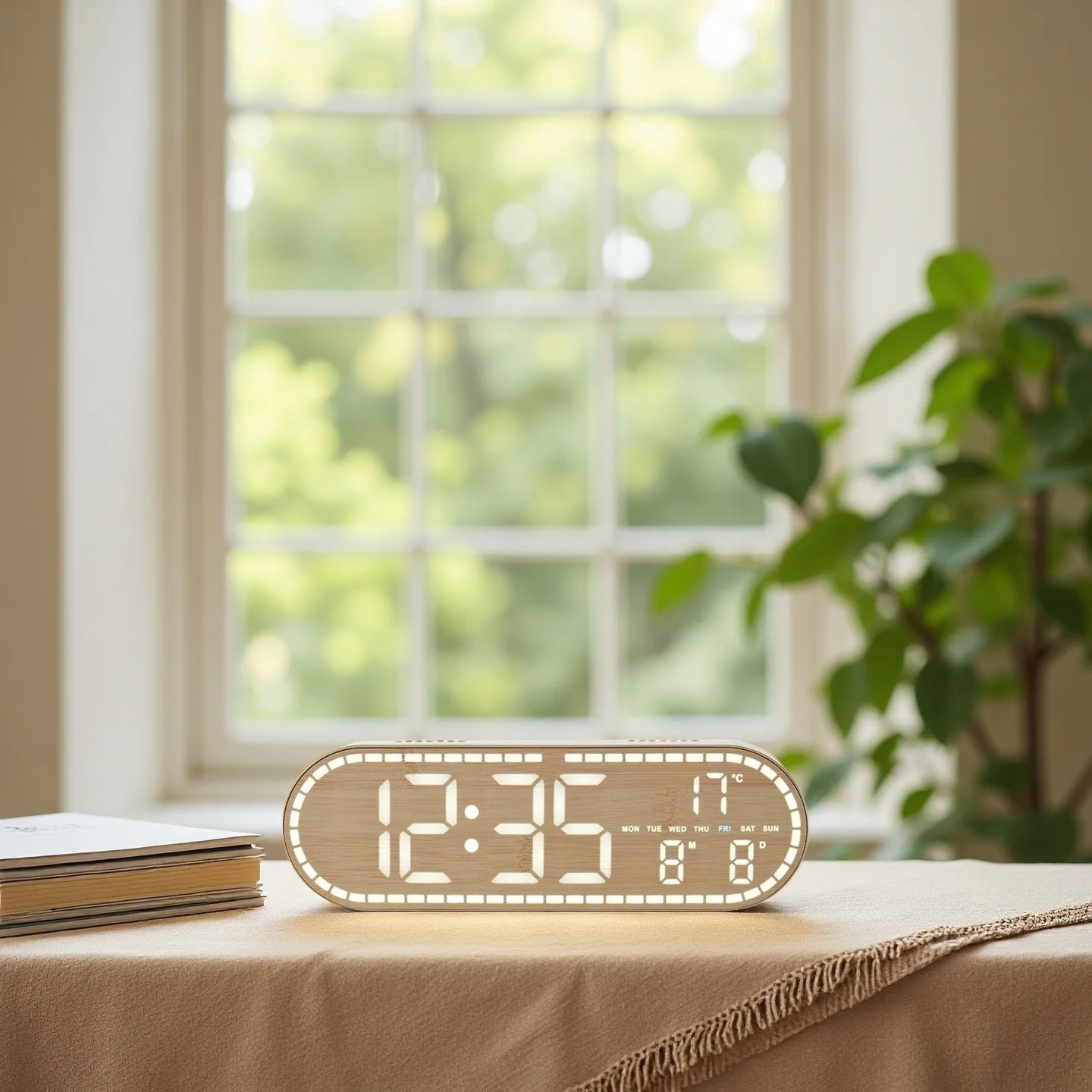 USB-Betriebene Digitale Wanduhr mit Temperatur-, Wochen- und Datumsanzeige, Doppelalarm, 4 Helligkeitsstufen, Timer, Schlummerfunktion, Tischuhr, 12/24-Stunden-LED-Uhr – Detail 8