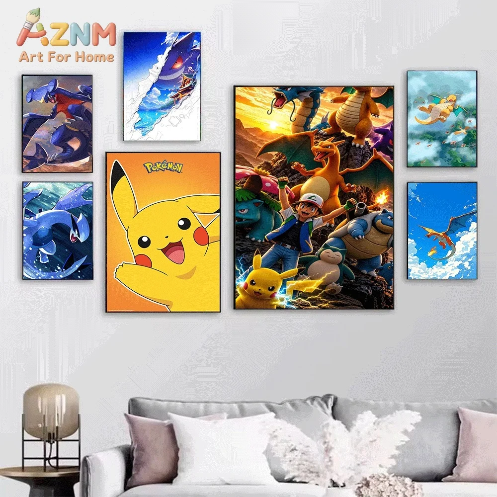 AZNM Gengar Dark Night Starry Sky Canvas Wall Print, Pokemon Ghost Type Creature Anime Art Poster, Unframed Canvas Painting fo