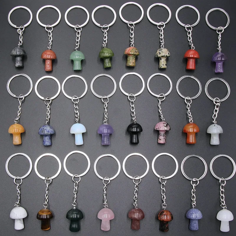 20pcs Mini Mushroom Carved Statue Key Rings Chains Natural Stone Charms Keychains Healing Crystal Keyrings for Women Men
