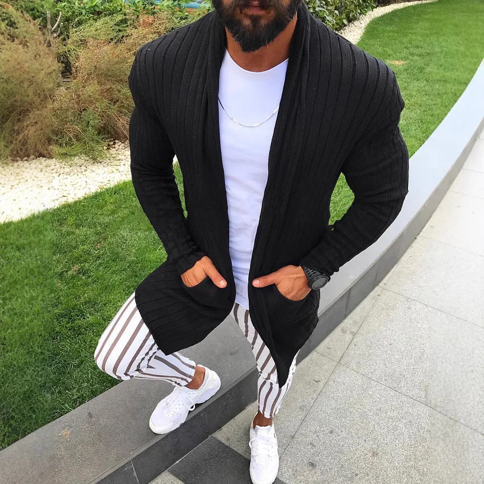 سترة سترة الخريف والشتاء بلون سليم المناسب طويلة الأكمام التلبيب سترة مشغولة من الصوف سترة الرجال #3