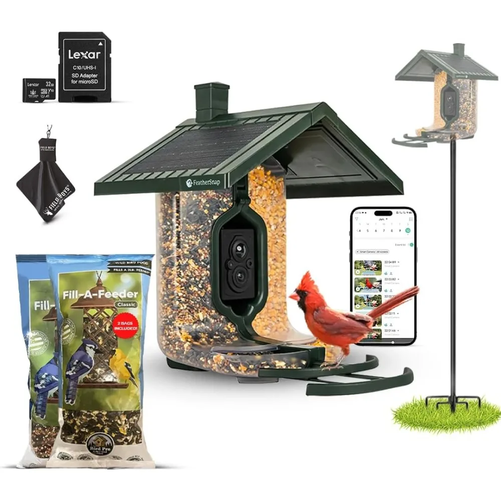 توصيل مجاني - وحدة تغذية الطيور الذكية مع تحديد الذكاء الاصطناعي وكاميرا عالية الدقة - بطاقة SD تعمل بالطاقة الشمسية بسعة 32 جيجابايت، وقماش للتنظيف