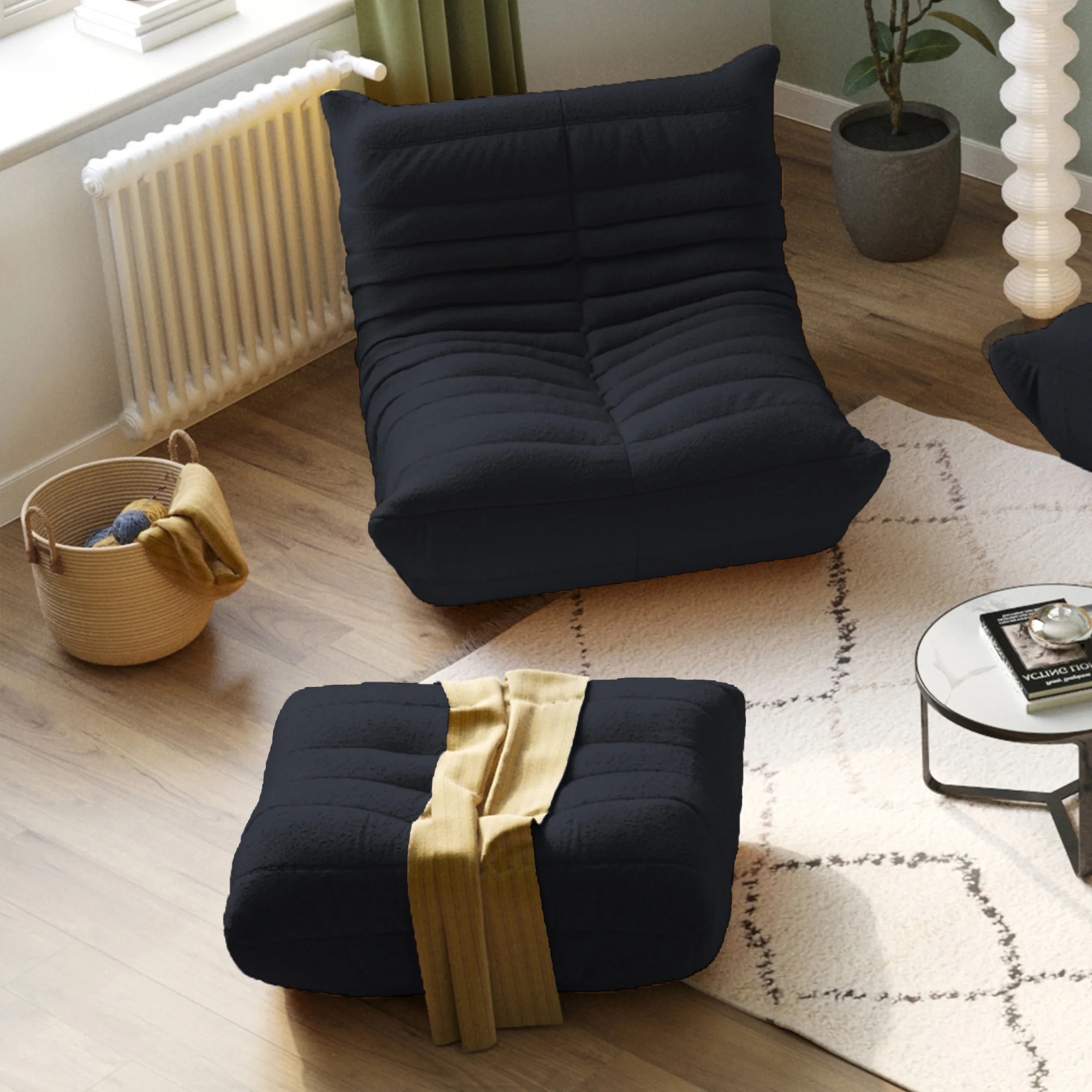 Classic Design Black Lazy Chair Teddy Fabric Comfortable Sofa Cushion