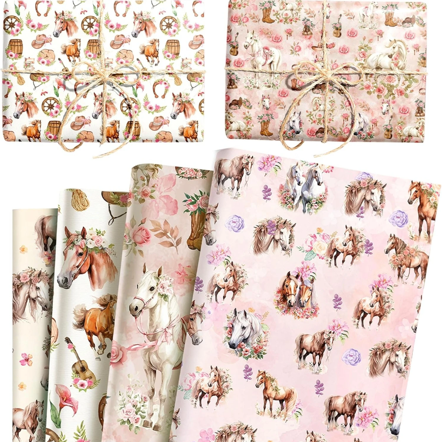 

12 Sheets Horse Floral Wrapping Paper Run for The Roses Gift Wrap Paper for Horse Party Horse Racing Derby Birthday baby shower