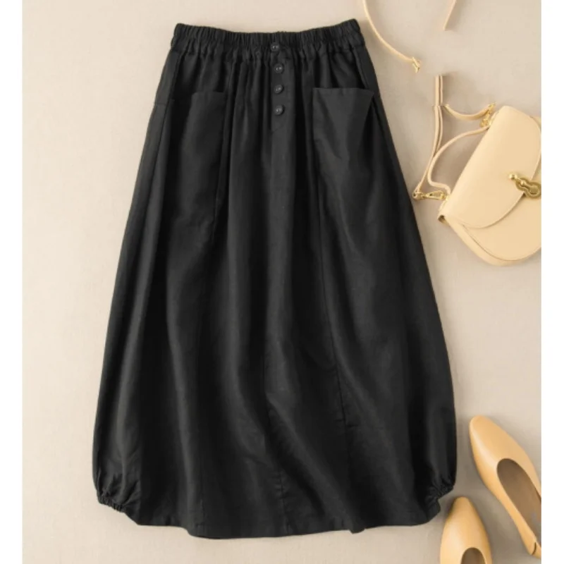 WAKUTA Japanese Style Single Tail Cut Label Women's High Waisted A-line Lantern Skirt Loose Cotton Linen Half Skirt for 2024