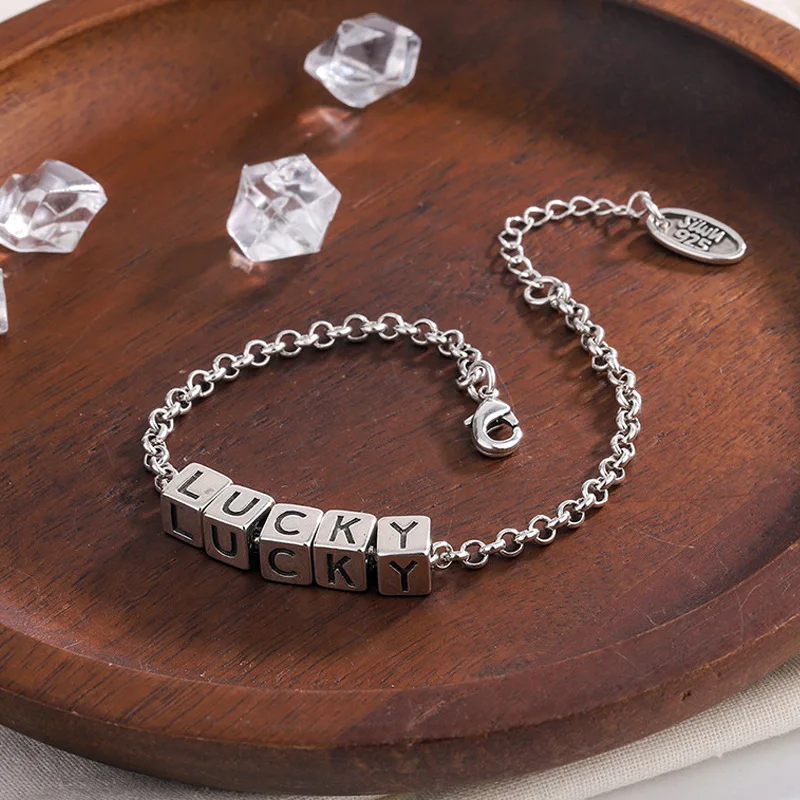 2023 New Arrival Trendy Square Lucky Letter Retro Thai Silver Female Bracelet Jewelry For Women Christmas Gifts Never Fade