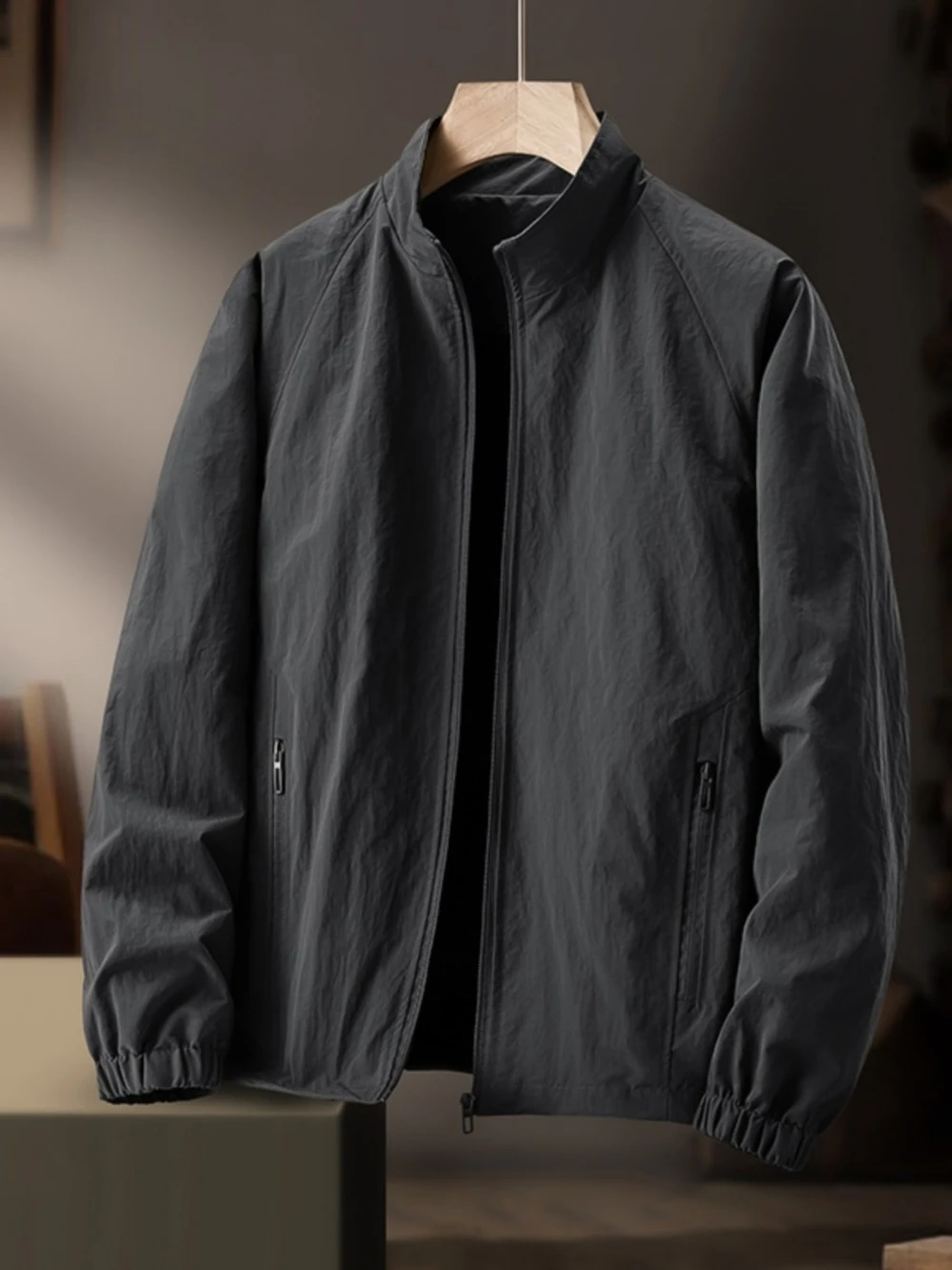 

Men's Casual Loose Fit Jaet Lightweight Windproof Stand Collar Spring Autumn Color Outerwear Faionable Youth Sle