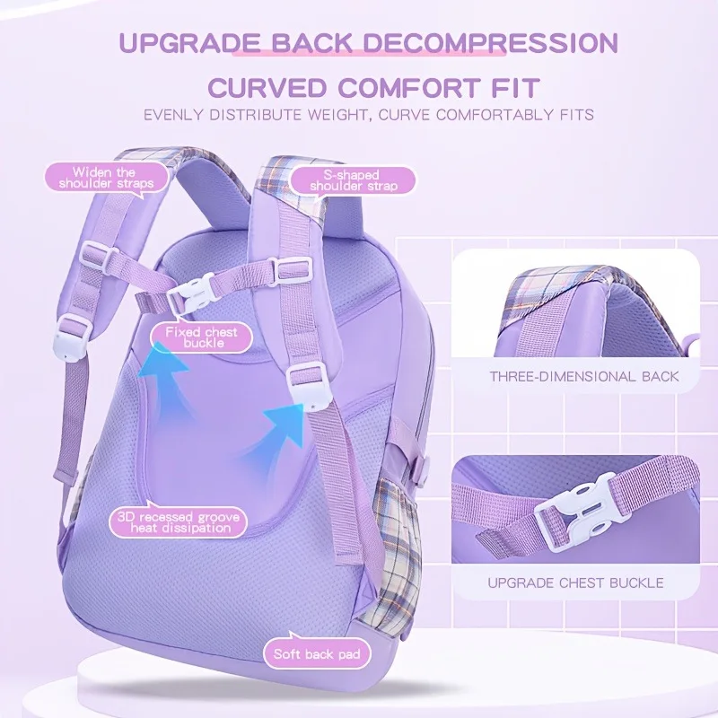 3pcs Protecting The Spine Ergonomics Elementary School Students Girls Checkered Backpack Large Capacity Lightweight Waterproof