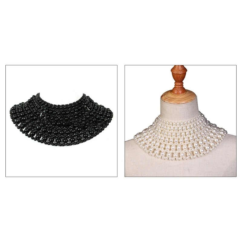 

Temperamental Elegant Jewelry Bib Choker Necklace Vintage Luxurious Fanshaped Pearl Beaded Body Chain Shawl Collar Layered Dress