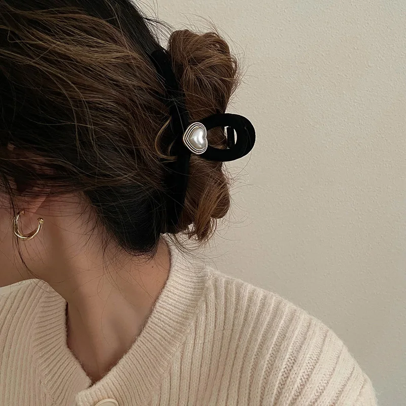 Pinza de pelo de terciopelo negro con diamantes de imitación para mujer, pinzas de garra para el cabello, horquilla de gran tamaño, accesorios