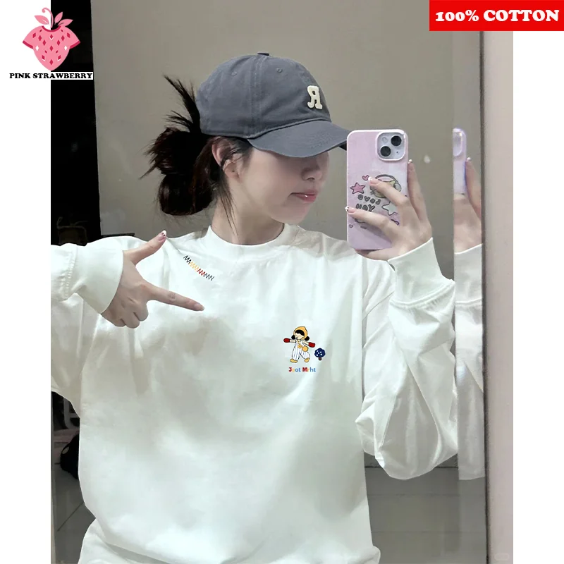 

Cute Cartoon girl Print T-shirt Women Autumn 2025 New 100% Cotton White Long sleeves T-shirt Casual Loose Y2k Top kawaii clothes