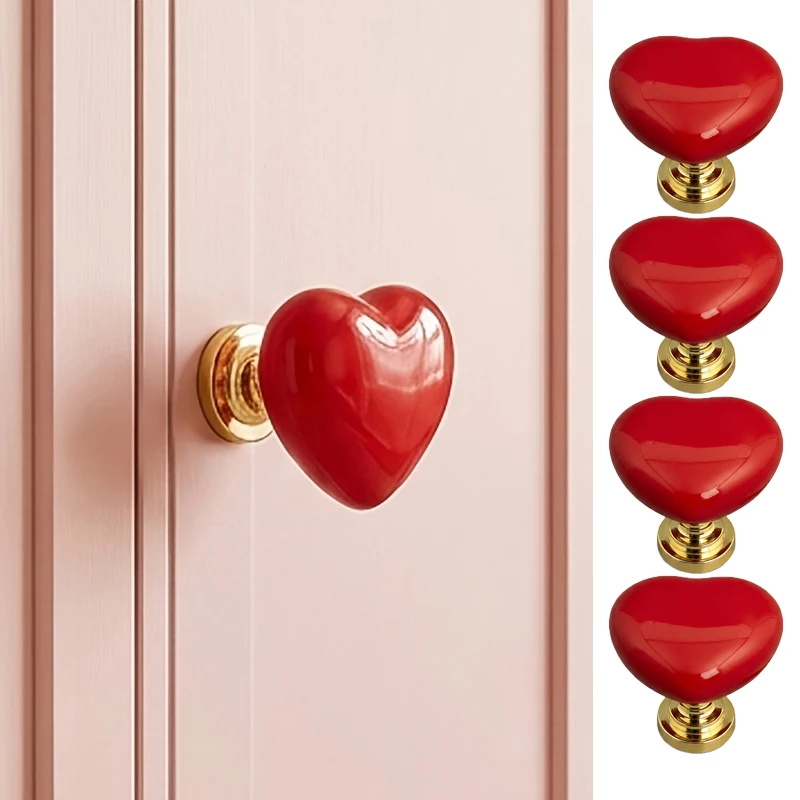 4pcs Heart Pull Red Pull Screws Heart Pull in Red Heart Shape, Cabinet Shoe Cabinet Dressing Table Round Handle Additions