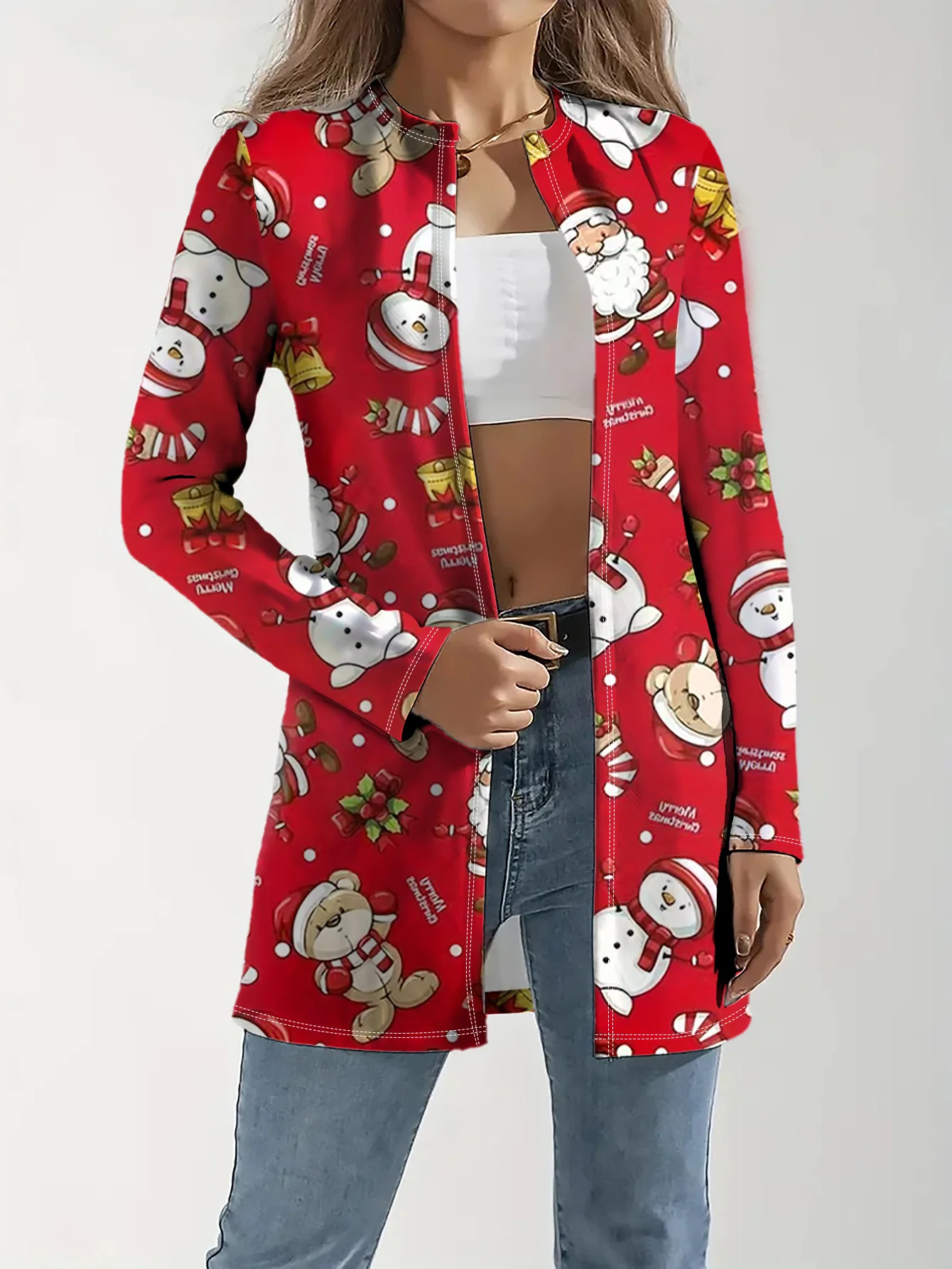 Plus Size Women Christmas Santa Bear Snowman Print Open Front Cardigan Long Sleeve Holiday Outerwear Top