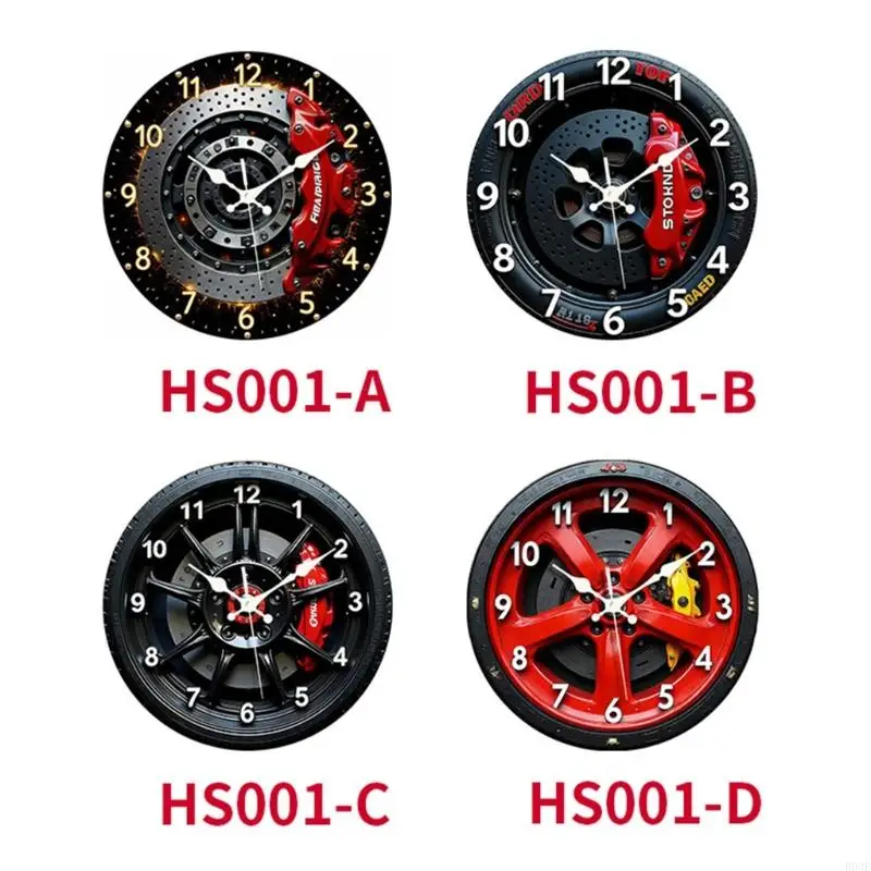 Quiet Wall Clock with Automotive Wheel Theme, Flat Fiberboard Form, Clock Hands, and Clear Numerals for Indoor Display B03E
