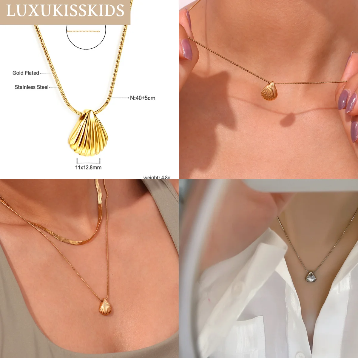 LUXUKISSKIDS Textured Shell Shape Earrings Necklace Bracelets Summer Stylish Stainless Steel Woman Jewelry Set 18K Gold Plated