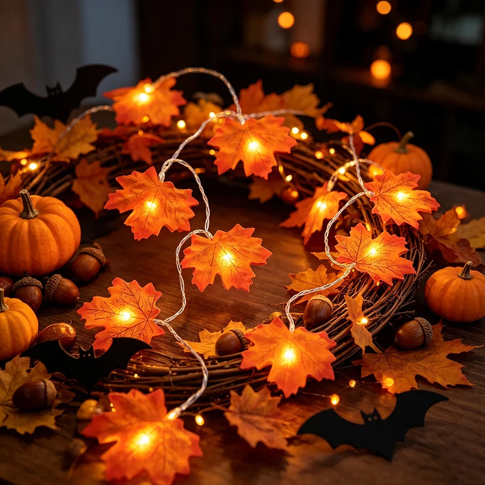 1-5 Sets 3m 20 LED Simulated Double Maple Leaf Light String, Warm White Light, Used for Halloween Thanksgiving Harvest Festival