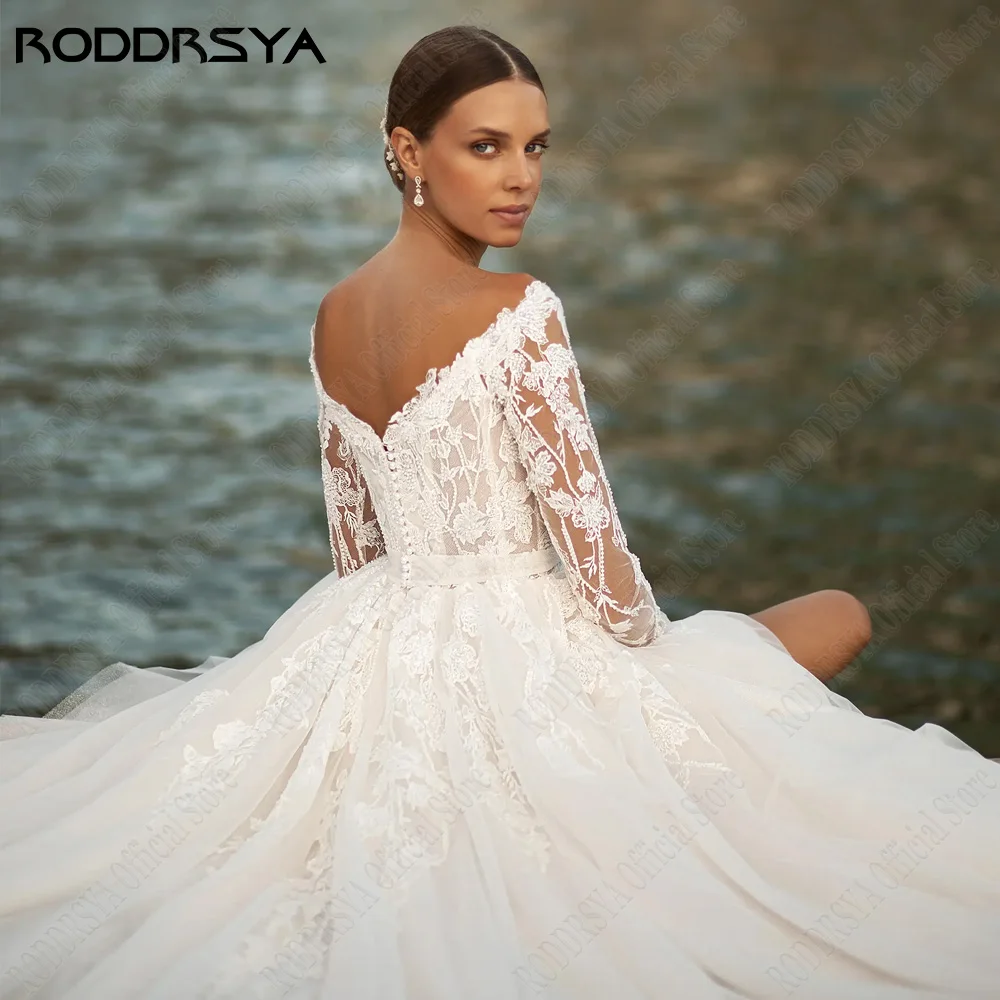 RODRSYA Clássico V-Neck Vestidos de Noiva Para Mulher Mangas Longas Lace AppRODDRSYA Clássico V-Neck Vestidos De Casamento Para Mulher Mangas Compridas Lace Applique Vestidos De Noiva A Linha Tulle Civil robe de mariée