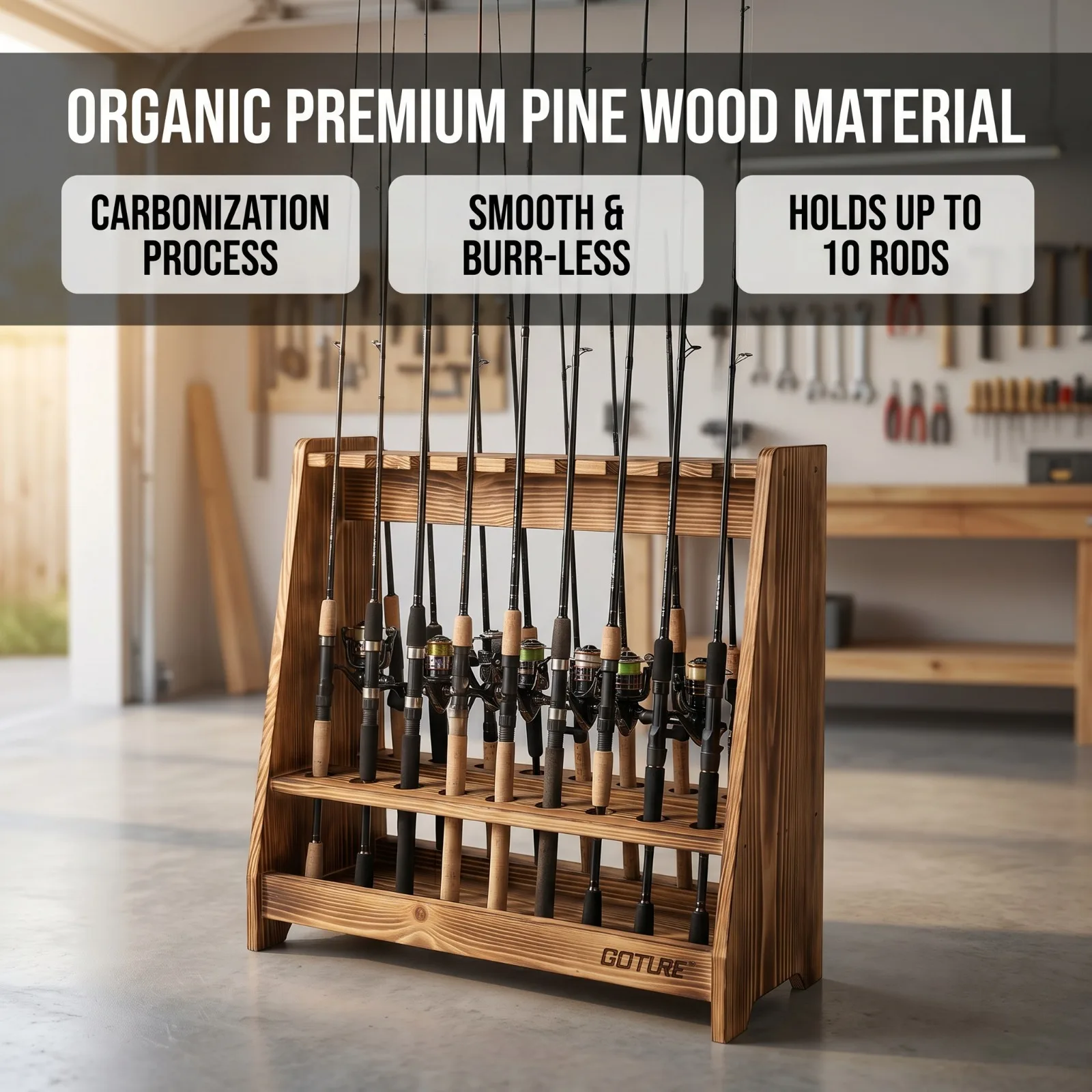 Goture Carbonized Pine Wood Fishing Rod Rack 10 Slots Floor Rod Holder Easy Assemble Removable for Display Organizer All Rods view 6