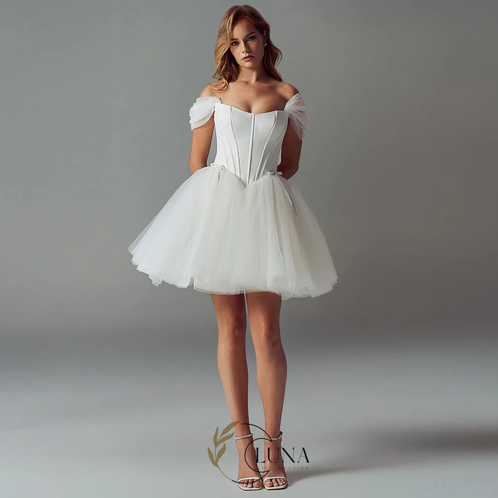 Luna Customized Mini Wedding Prom Dresses Off the Shoulder A Line Tulle Bridal Party Gown with Fish Bone Chic Wedding Gown