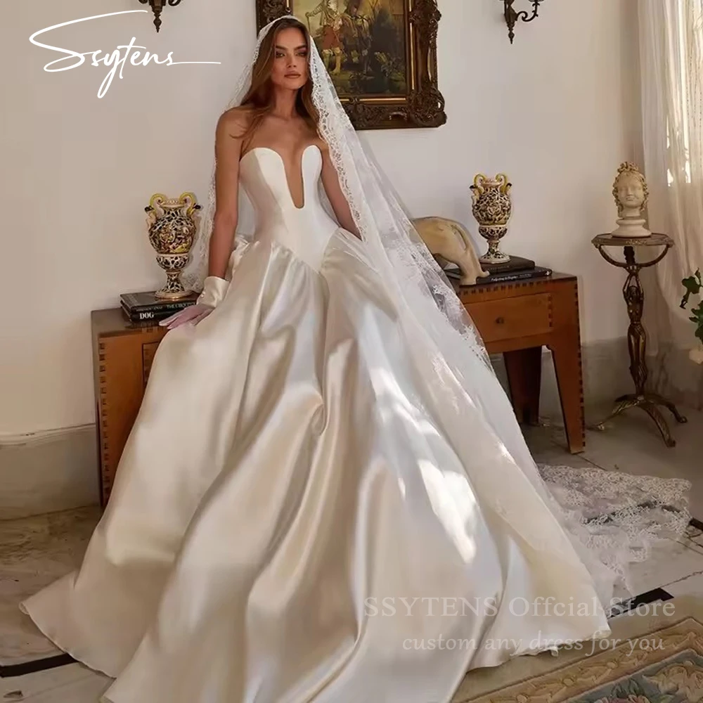 Suknie ślubne SSYTENS dla białych kobiet, dekolt w serduszko, bez rękawów, satynowe suknie ślubne plażowe, suknie balowe księżniczki, suknie na studniówkę, szyte na miarę