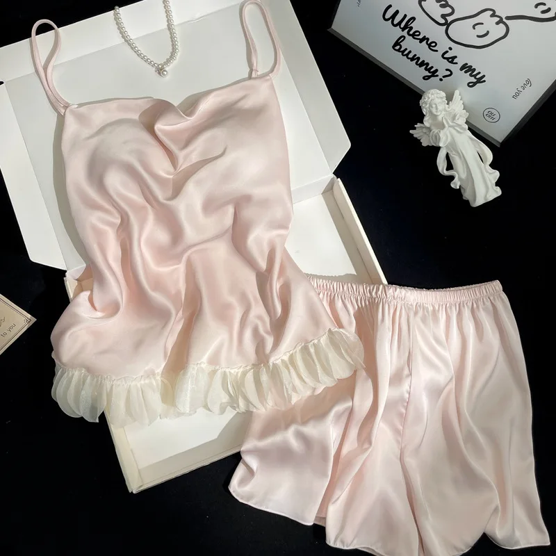 

New Sexy Pajamas for Women, Summer Suspender Shorts, Two-piece Suit, Petal Ice Silk with Chest Pad, Girl's Pure Desire Home