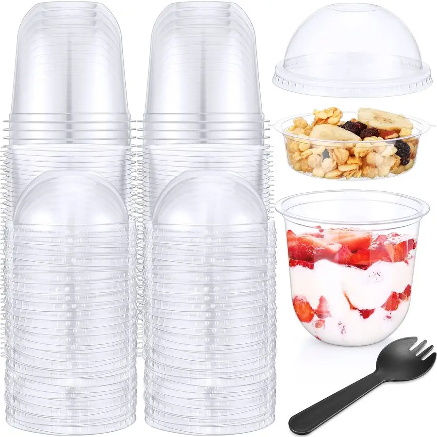 

Pack 12 oz Clear Plastic Parfait Cups with Dome Lids No Hole Disposable Party Dessert Cups with Lids Insert Spork Round Fruit Co