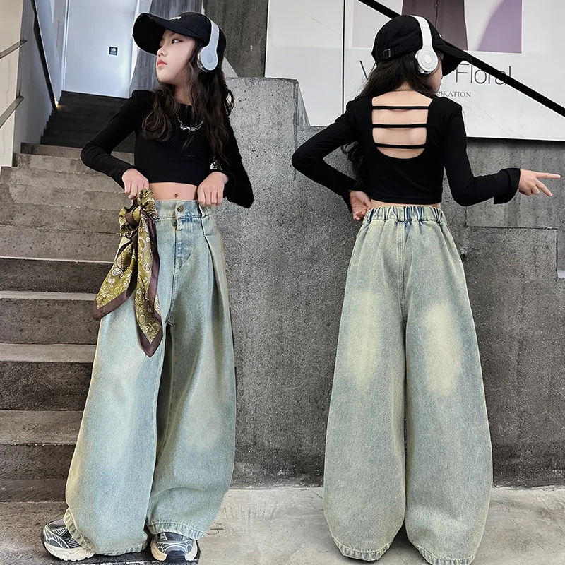 Girls' pants Spring and Autumn 2024 new children's westernized street wide leg pants Korean version versatile long pants trend