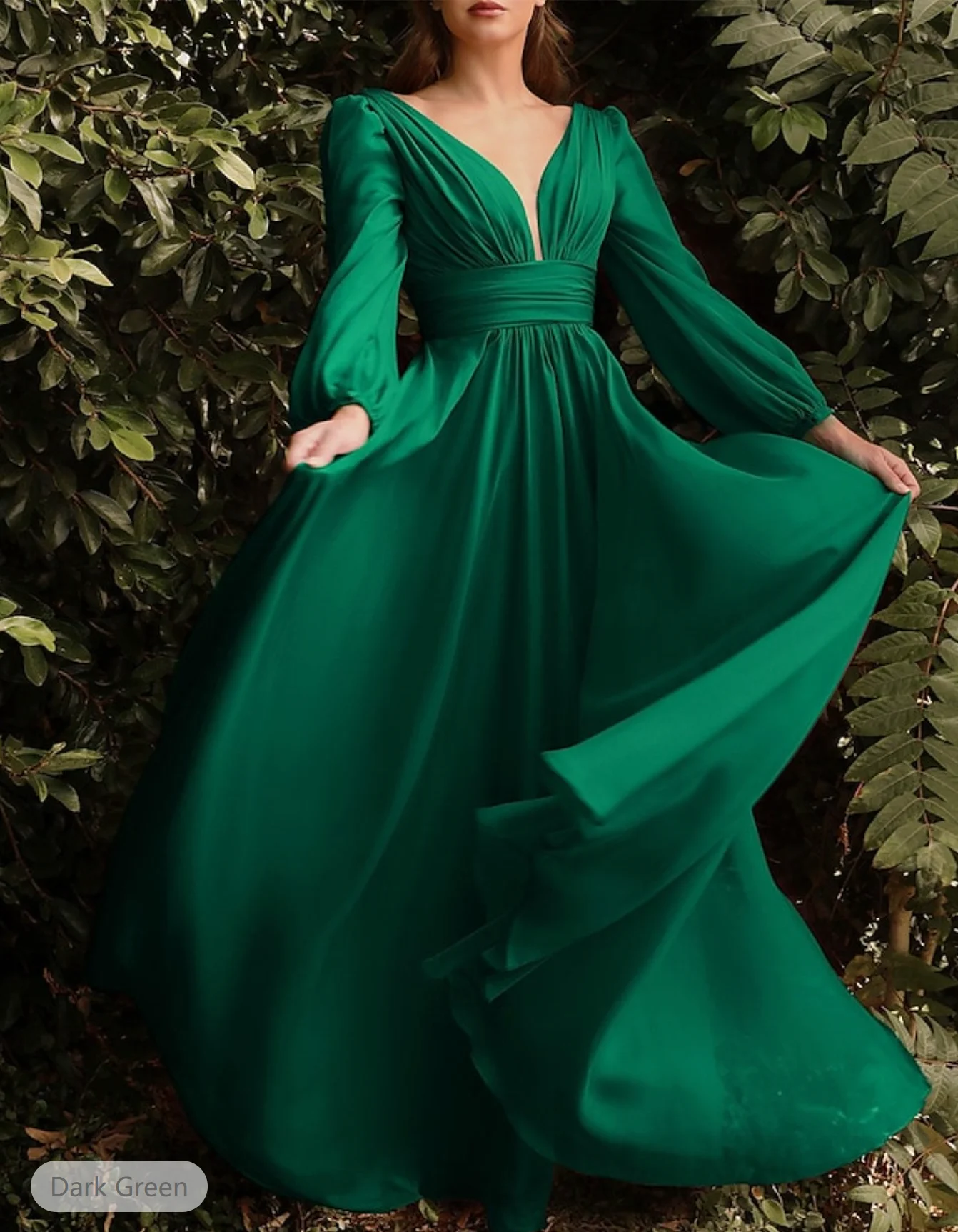 A-Line Bridesmaid Dress V Neck Long Sleeve Blue Floor Length Chiffon with Ruching / Solid Color 2024