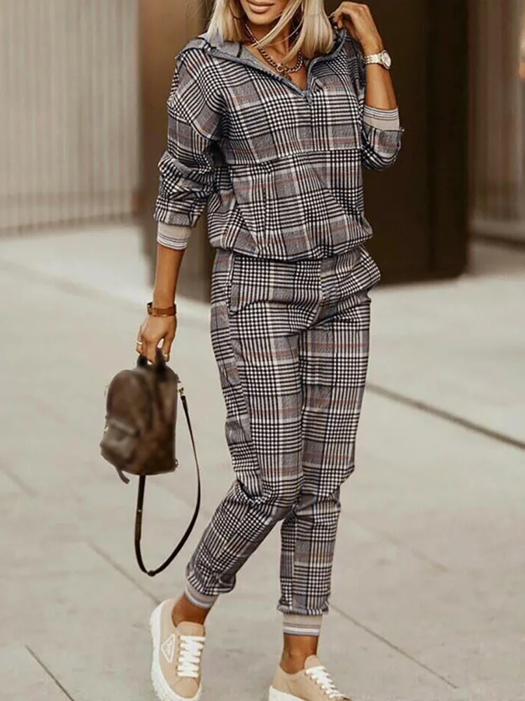 Hooded Long Sleeve Spring Autumn Pants Suit Women Print Tops Loose Pants Two Piece Set Vintage Patchwork Pockets Office Lady Set