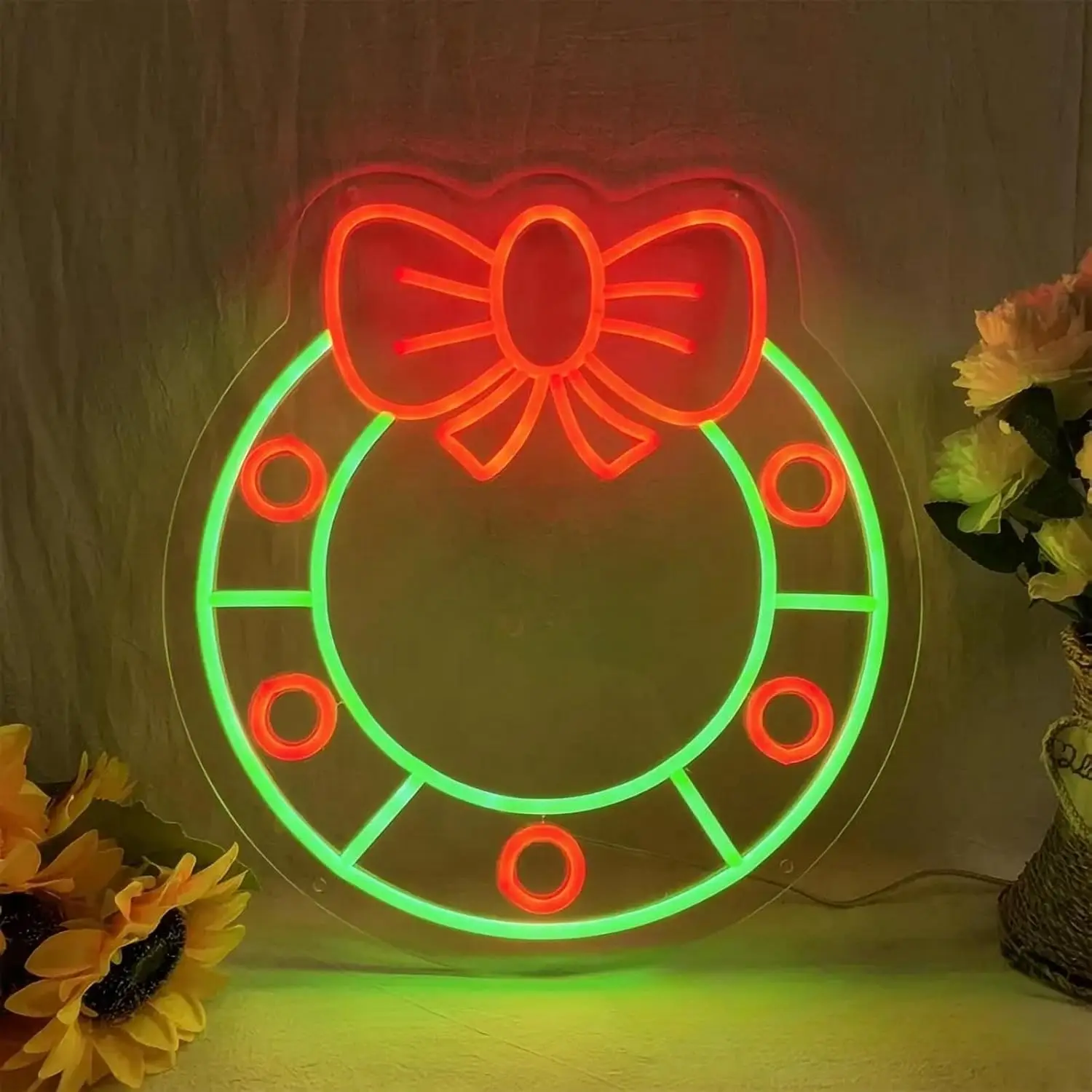 

Merry Christmas Neon Led Sign Wreath Bow USB Powered Dimmable Lights Xmas Room Decoration For Bar Party Bedroom Wall Decor Signs