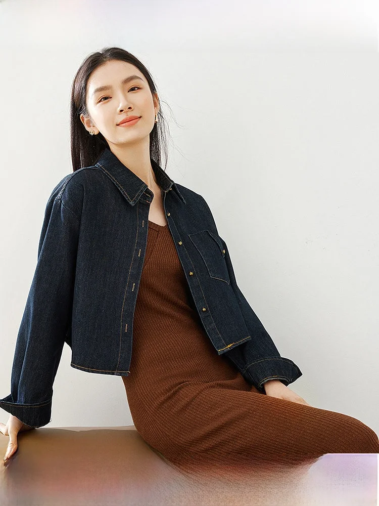 

Spring Fashion High-Waist Illusory Tall Women's Knitted Dress Set Deep Denim Blue Jacket And Strap Dress Two-Piece Suit