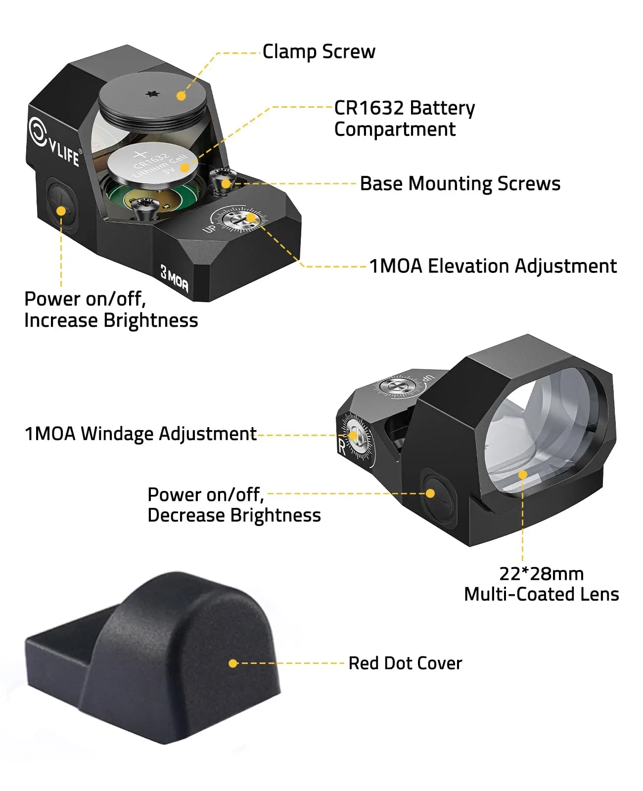 

CVLIFE Full-Sized Optic Motion Awake Green Dot Sight 3MOA Open Reflex Sights with Adapter Plate for MOS and 21mm Picatinny Base