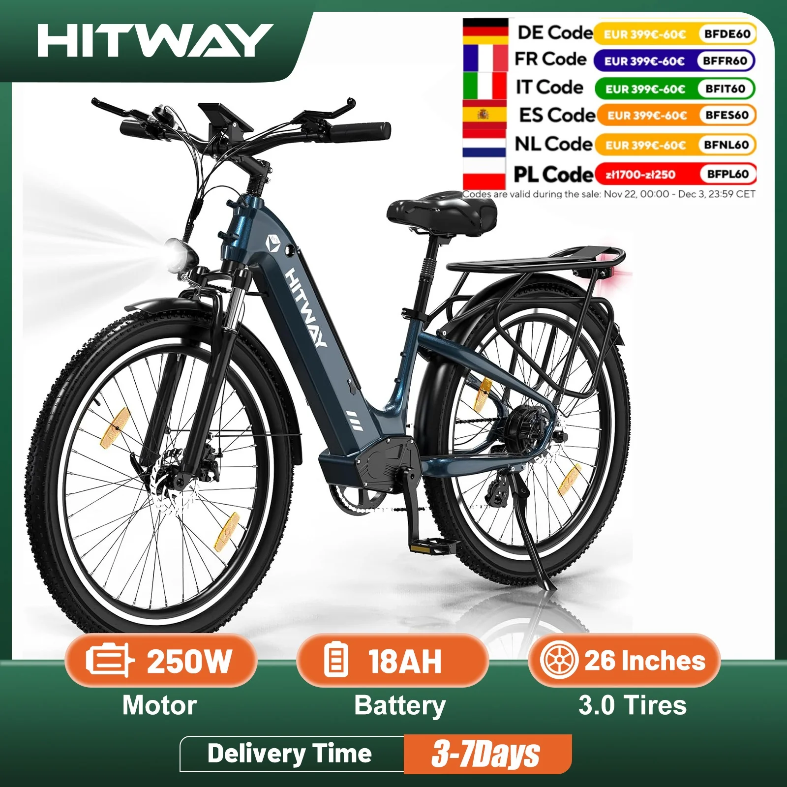 HITWAY 26X3.0 City Electric Bike Pedelec 250W City Cruiser E Bike 48V 18Ah Replaceable Battery 55-80 Km 7 Speed Commuter E Bike