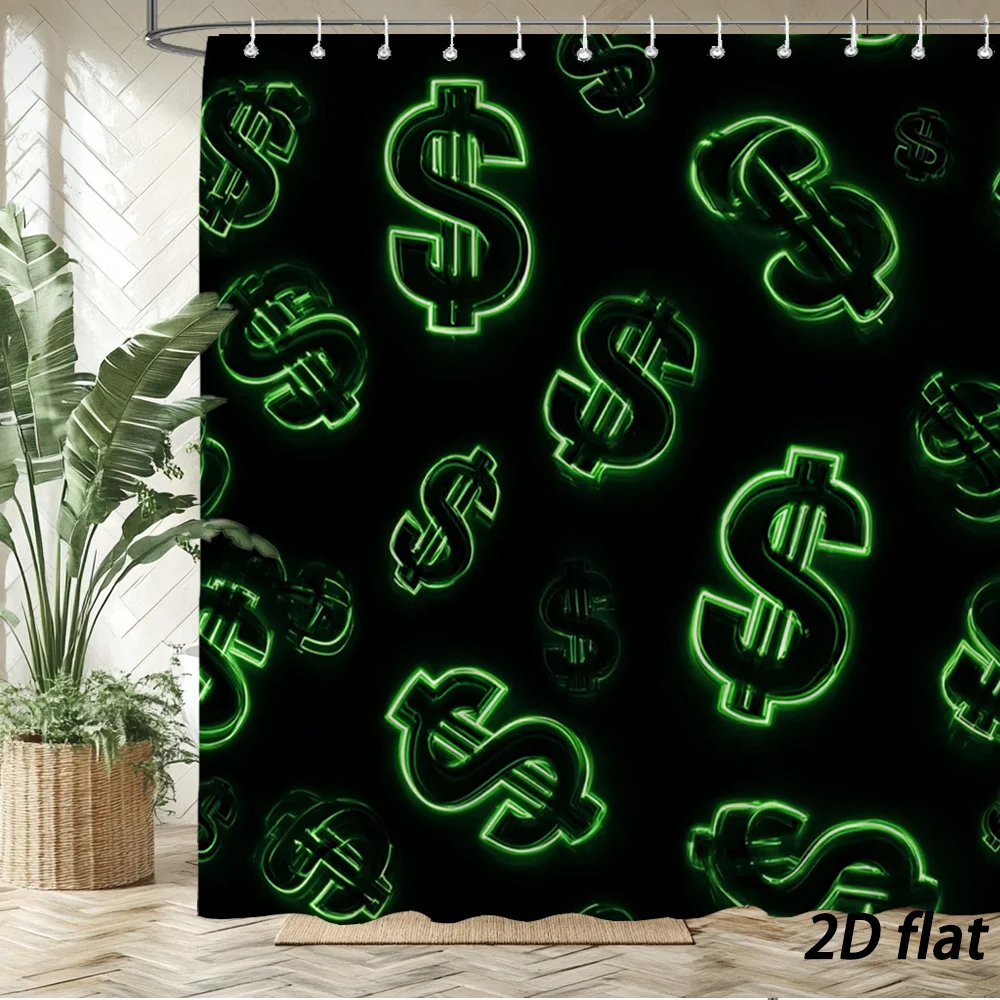 Trendy Neon Light Effect Green Money Dollar Signs Dark Backdrop Illustration Bath curtain Comfortable Warm t