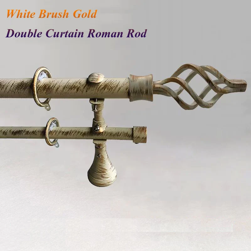 White Brush Gold ﻿Double Curtain Roman Rod Premium Carbon Steel Pole For Windows,With Bird Cage Rod Finials,Rings,Brackets Sets