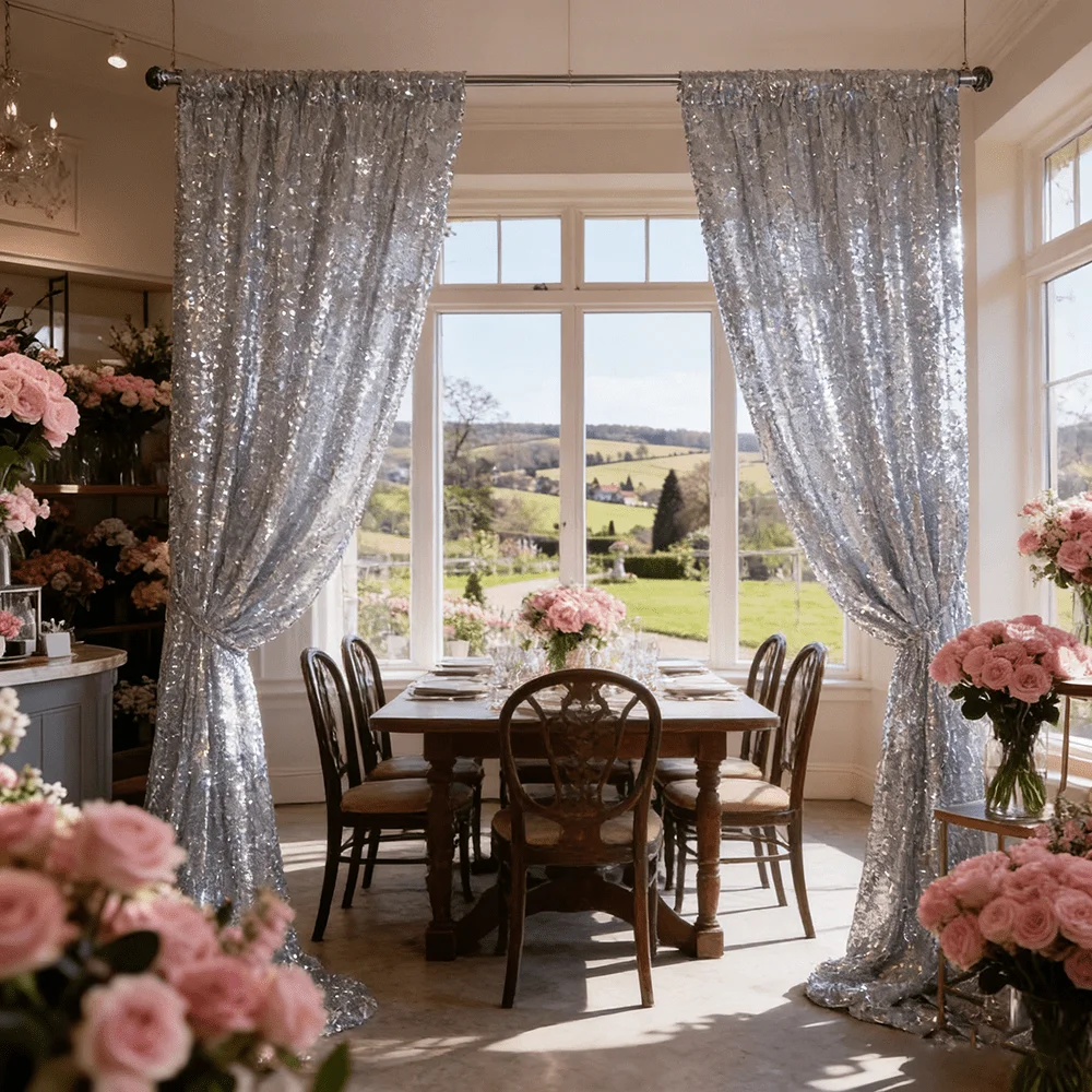 1PC High-End Cold Tone Mirror Silver Color Sequin Background Curtain, Easy Install Pole Bag, Indoor Outdoor Reusable Party Backd