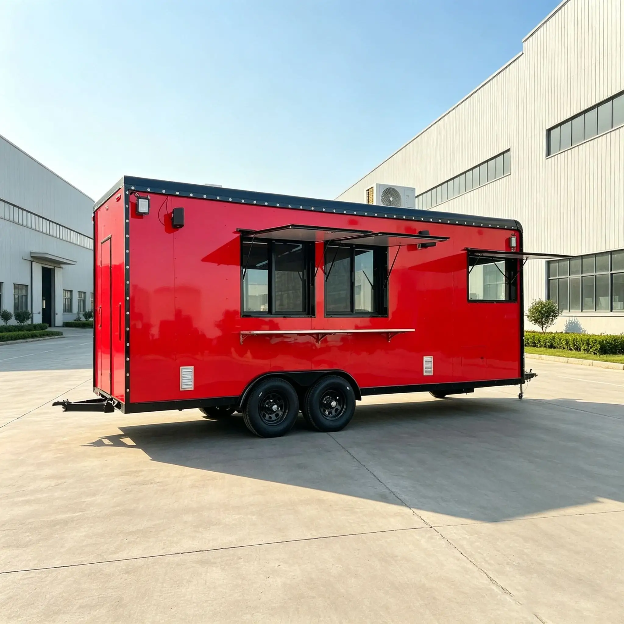 Large Food Trailer with Full Kitchen, Red Enclosed Mobile Food Truck with Multiple Service Windows for Coffee, BBQ and Catering